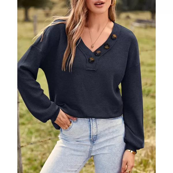 BTFBM Women Long Sleeve Shirts 2024 Fall Fashion V Neck Loose Casual Blouse Deco Button Lightweight Waffle Knit PulloverNavy