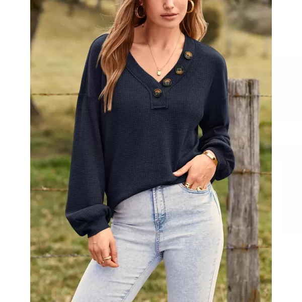 BTFBM Women Long Sleeve Shirts 2024 Fall Fashion V Neck Loose Casual Blouse Deco Button Lightweight Waffle Knit PulloverNavy