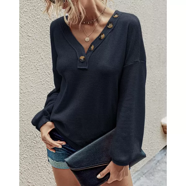 BTFBM Women Long Sleeve Shirts 2024 Fall Fashion V Neck Loose Casual Blouse Deco Button Lightweight Waffle Knit PulloverNavy
