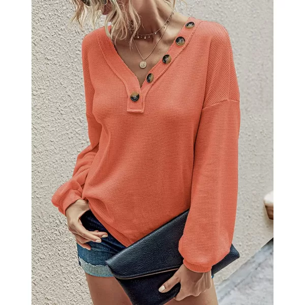 BTFBM Women Long Sleeve Shirts 2024 Fall Fashion V Neck Loose Casual Blouse Deco Button Lightweight Waffle Knit PulloverOrange