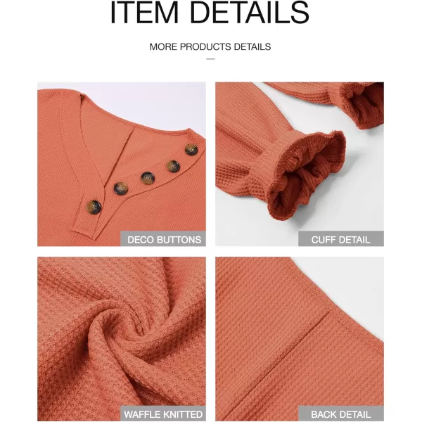 BTFBM Women Long Sleeve Shirts 2024 Fall Fashion V Neck Loose Casual Blouse Deco Button Lightweight Waffle Knit PulloverOrange