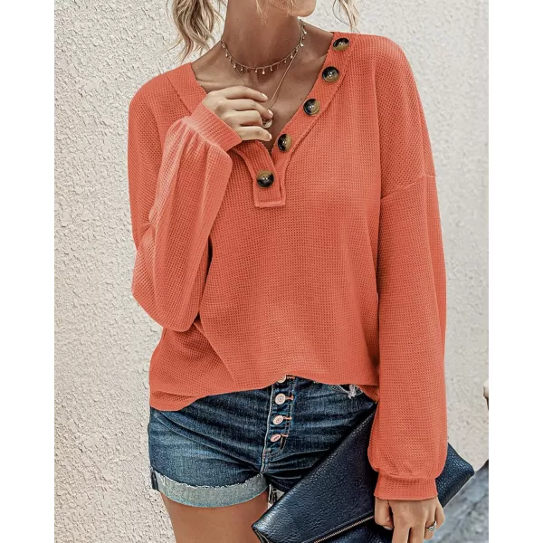 BTFBM Women Long Sleeve Shirts 2024 Fall Fashion V Neck Loose Casual Blouse Deco Button Lightweight Waffle Knit PulloverOrange