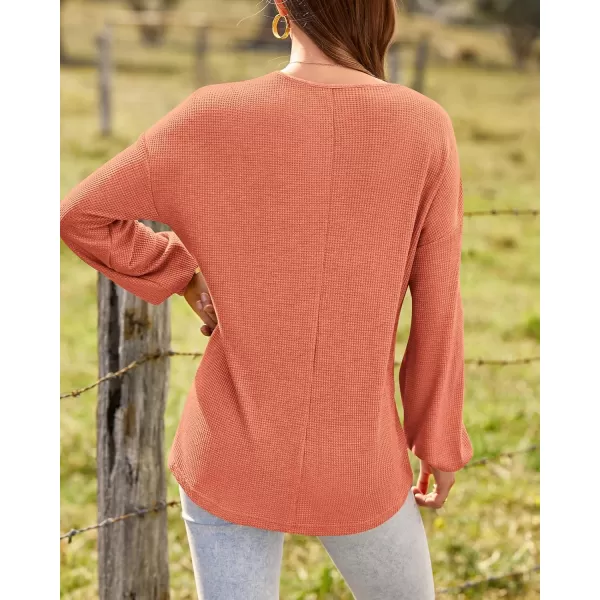 BTFBM Women Long Sleeve Shirts 2024 Fall Fashion V Neck Loose Casual Blouse Deco Button Lightweight Waffle Knit PulloverOrange