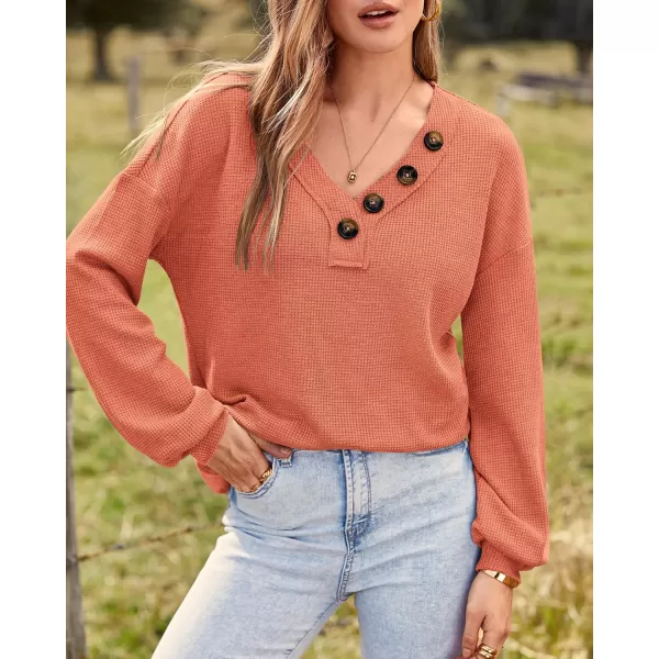 BTFBM Women Long Sleeve Shirts 2024 Fall Fashion V Neck Loose Casual Blouse Deco Button Lightweight Waffle Knit PulloverOrange