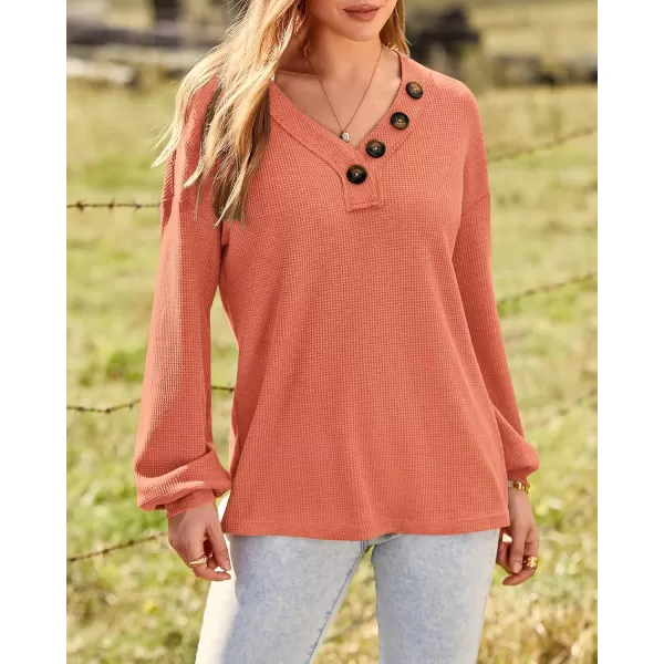 BTFBM Women Long Sleeve Shirts 2024 Fall Fashion V Neck Loose Casual Blouse Deco Button Lightweight Waffle Knit PulloverOrange