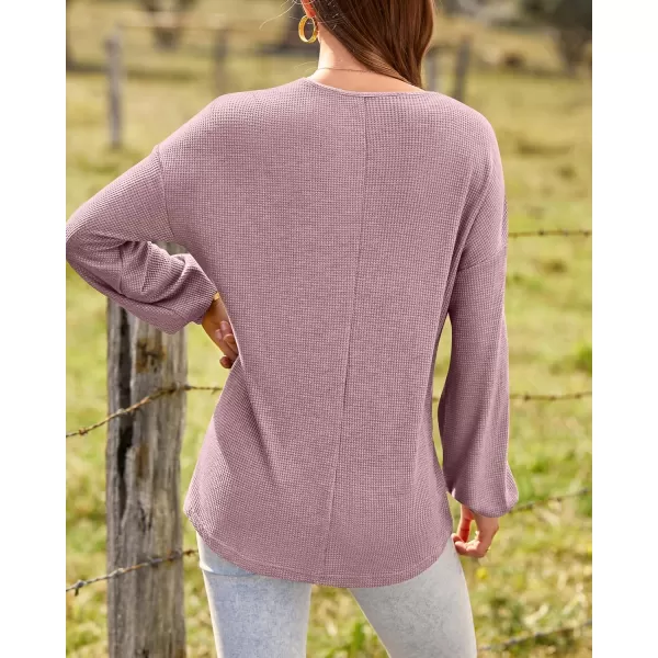 BTFBM Women Long Sleeve Shirts 2024 Fall Fashion V Neck Loose Casual Blouse Deco Button Lightweight Waffle Knit PulloverPink