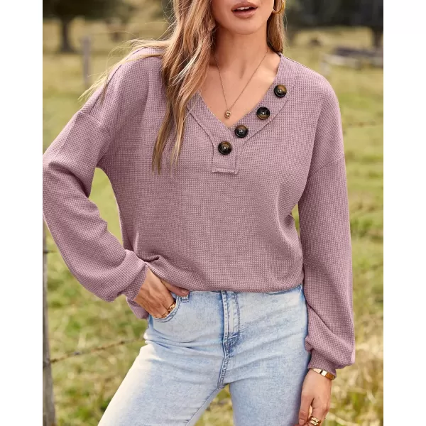 BTFBM Women Long Sleeve Shirts 2024 Fall Fashion V Neck Loose Casual Blouse Deco Button Lightweight Waffle Knit PulloverPink