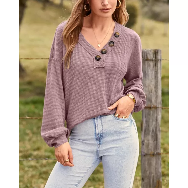 BTFBM Women Long Sleeve Shirts 2024 Fall Fashion V Neck Loose Casual Blouse Deco Button Lightweight Waffle Knit PulloverPink