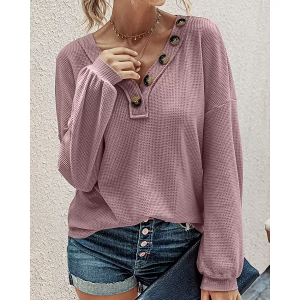 BTFBM Women Long Sleeve Shirts 2024 Fall Fashion V Neck Loose Casual Blouse Deco Button Lightweight Waffle Knit PulloverPink