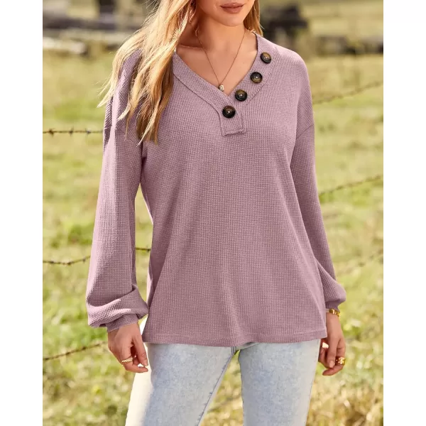 BTFBM Women Long Sleeve Shirts 2024 Fall Fashion V Neck Loose Casual Blouse Deco Button Lightweight Waffle Knit PulloverPink