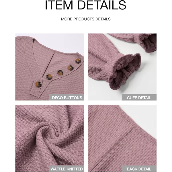 BTFBM Women Long Sleeve Shirts 2024 Fall Fashion V Neck Loose Casual Blouse Deco Button Lightweight Waffle Knit PulloverPink