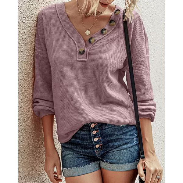 BTFBM Women Long Sleeve Shirts 2024 Fall Fashion V Neck Loose Casual Blouse Deco Button Lightweight Waffle Knit PulloverPink