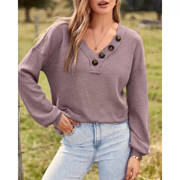 BTFBM Women Long Sleeve Shirts 2024 Fall Fashion V Neck Loose Casual Blouse Deco Button Lightweight Waffle Knit PulloverPurple