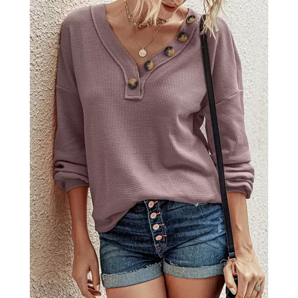 BTFBM Women Long Sleeve Shirts 2024 Fall Fashion V Neck Loose Casual Blouse Deco Button Lightweight Waffle Knit PulloverPurple