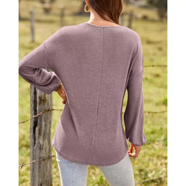 BTFBM Women Long Sleeve Shirts 2024 Fall Fashion V Neck Loose Casual Blouse Deco Button Lightweight Waffle Knit PulloverPurple