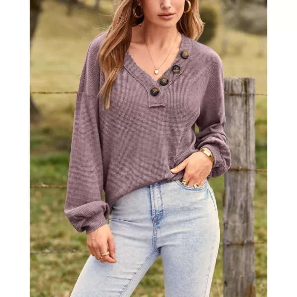 BTFBM Women Long Sleeve Shirts 2024 Fall Fashion V Neck Loose Casual Blouse Deco Button Lightweight Waffle Knit PulloverPurple