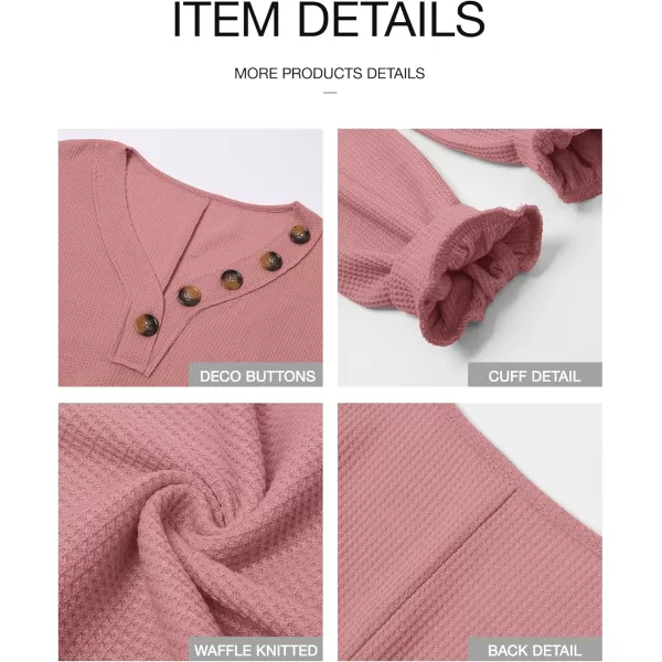 BTFBM Women Long Sleeve Shirts 2024 Fall Fashion V Neck Loose Casual Blouse Deco Button Lightweight Waffle Knit PulloverRose Pink
