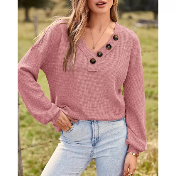 BTFBM Women Long Sleeve Shirts 2024 Fall Fashion V Neck Loose Casual Blouse Deco Button Lightweight Waffle Knit PulloverRose Pink
