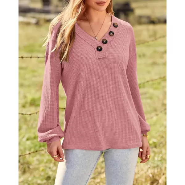 BTFBM Women Long Sleeve Shirts 2024 Fall Fashion V Neck Loose Casual Blouse Deco Button Lightweight Waffle Knit PulloverRose Pink