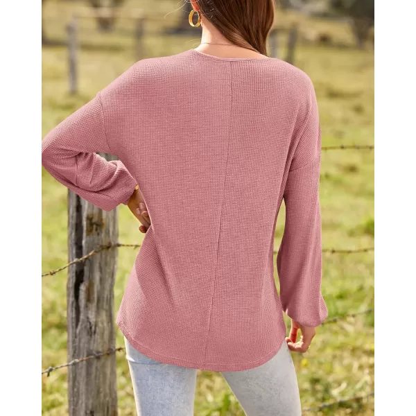 BTFBM Women Long Sleeve Shirts 2024 Fall Fashion V Neck Loose Casual Blouse Deco Button Lightweight Waffle Knit PulloverRose Pink