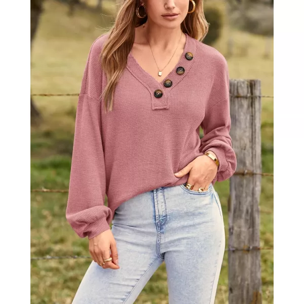 BTFBM Women Long Sleeve Shirts 2024 Fall Fashion V Neck Loose Casual Blouse Deco Button Lightweight Waffle Knit PulloverRose Pink