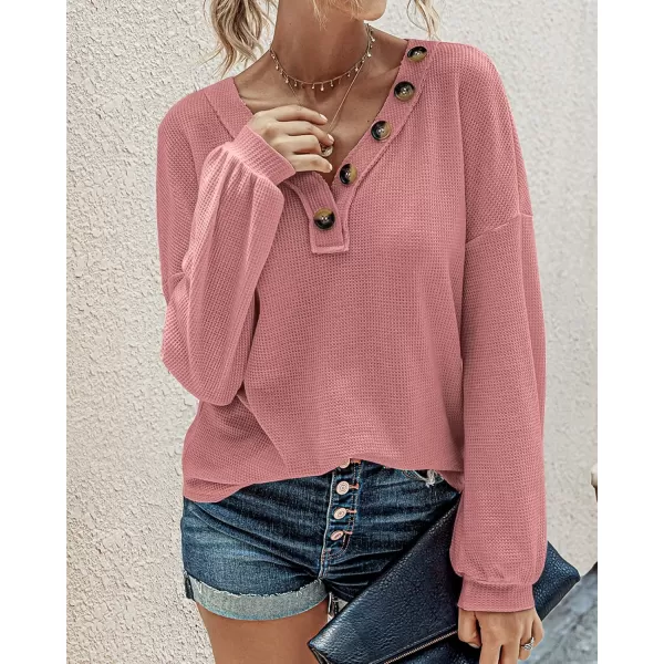 BTFBM Women Long Sleeve Shirts 2024 Fall Fashion V Neck Loose Casual Blouse Deco Button Lightweight Waffle Knit PulloverRose Pink