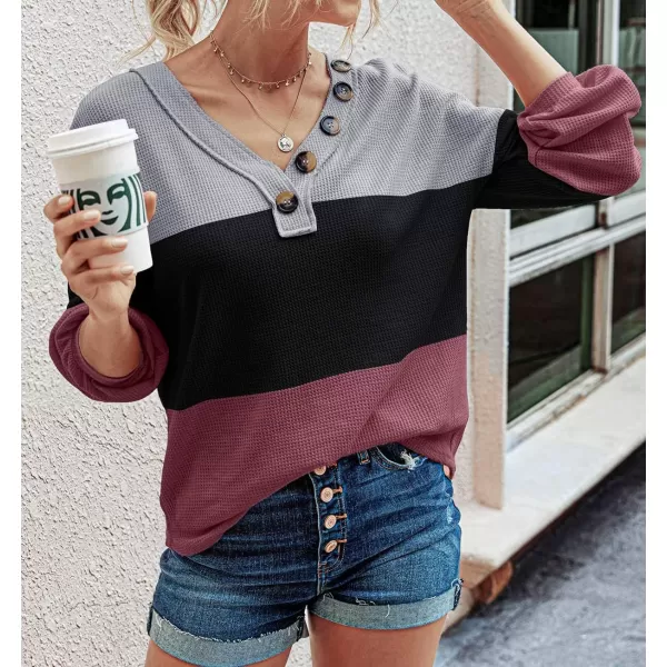 BTFBM Women Long Sleeve Shirts 2024 Fall Fashion V Neck Loose Casual Blouse Deco Button Lightweight Waffle Knit PulloverStripe Black