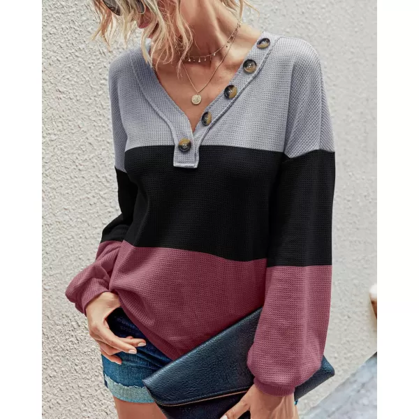 BTFBM Women Long Sleeve Shirts 2024 Fall Fashion V Neck Loose Casual Blouse Deco Button Lightweight Waffle Knit PulloverStripe Black