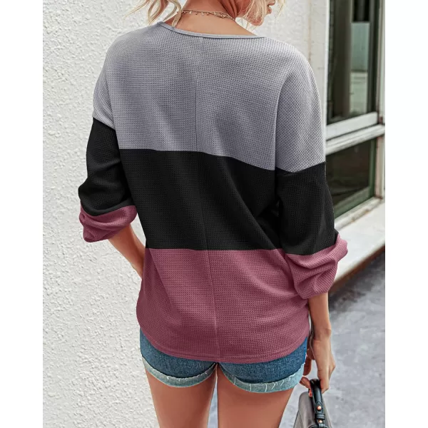 BTFBM Women Long Sleeve Shirts 2024 Fall Fashion V Neck Loose Casual Blouse Deco Button Lightweight Waffle Knit PulloverStripe Black