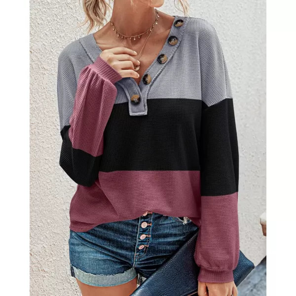 BTFBM Women Long Sleeve Shirts 2024 Fall Fashion V Neck Loose Casual Blouse Deco Button Lightweight Waffle Knit PulloverStripe Black
