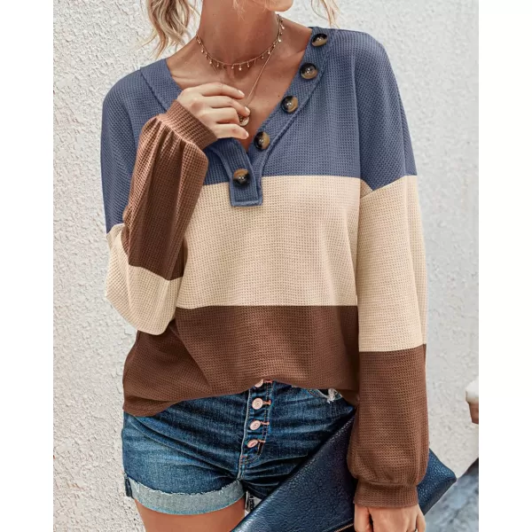 BTFBM Women Long Sleeve Shirts 2024 Fall Fashion V Neck Loose Casual Blouse Deco Button Lightweight Waffle Knit PulloverStripe Blue