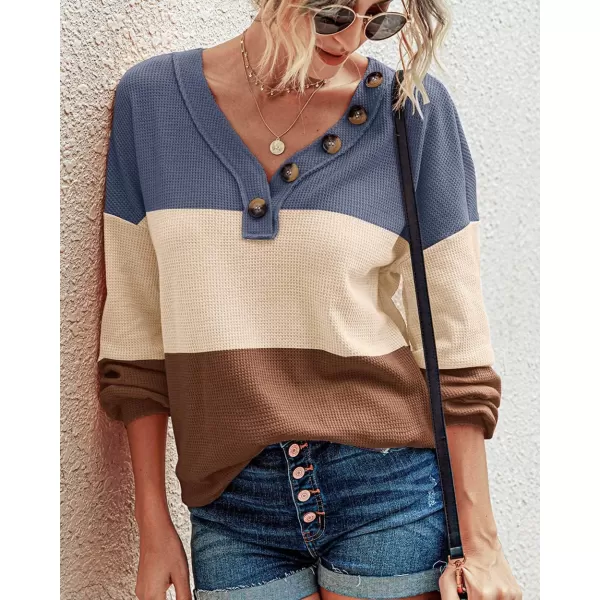 BTFBM Women Long Sleeve Shirts 2024 Fall Fashion V Neck Loose Casual Blouse Deco Button Lightweight Waffle Knit PulloverStripe Blue