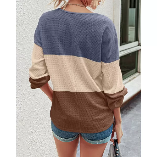 BTFBM Women Long Sleeve Shirts 2024 Fall Fashion V Neck Loose Casual Blouse Deco Button Lightweight Waffle Knit PulloverStripe Blue