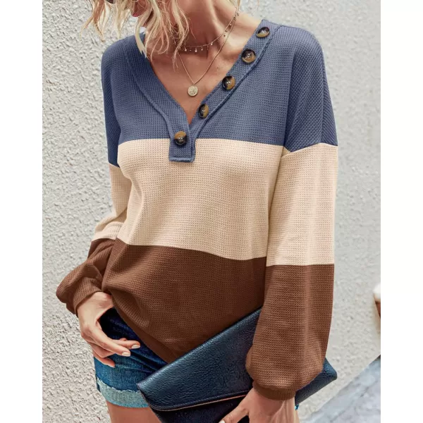 BTFBM Women Long Sleeve Shirts 2024 Fall Fashion V Neck Loose Casual Blouse Deco Button Lightweight Waffle Knit PulloverStripe Blue