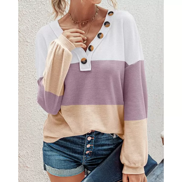 BTFBM Women Long Sleeve Shirts 2024 Fall Fashion V Neck Loose Casual Blouse Deco Button Lightweight Waffle Knit PulloverStripe White