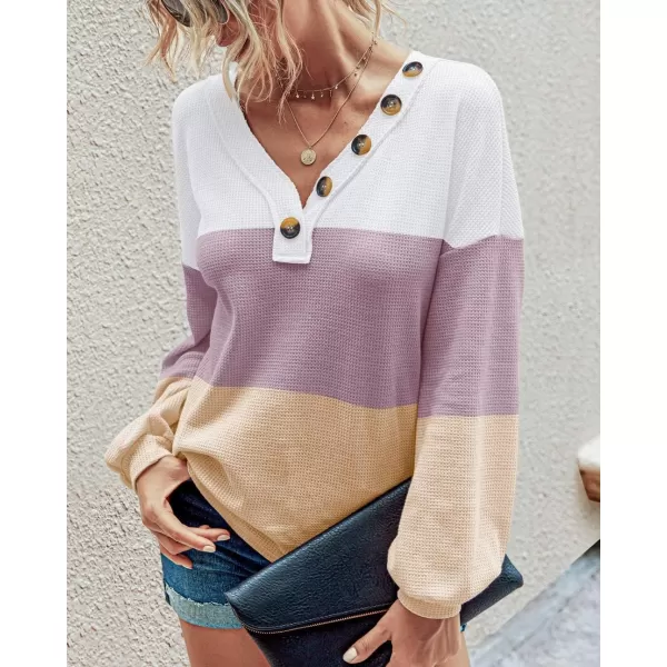 BTFBM Women Long Sleeve Shirts 2024 Fall Fashion V Neck Loose Casual Blouse Deco Button Lightweight Waffle Knit PulloverStripe White