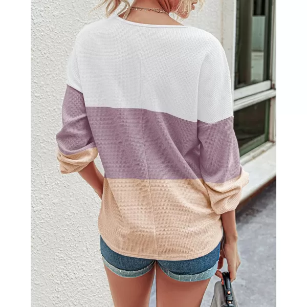 BTFBM Women Long Sleeve Shirts 2024 Fall Fashion V Neck Loose Casual Blouse Deco Button Lightweight Waffle Knit PulloverStripe White