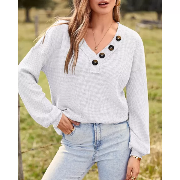 BTFBM Women Long Sleeve Shirts 2024 Fall Fashion V Neck Loose Casual Blouse Deco Button Lightweight Waffle Knit PulloverWhite