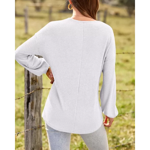 BTFBM Women Long Sleeve Shirts 2024 Fall Fashion V Neck Loose Casual Blouse Deco Button Lightweight Waffle Knit PulloverWhite