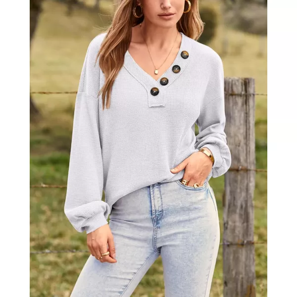 BTFBM Women Long Sleeve Shirts 2024 Fall Fashion V Neck Loose Casual Blouse Deco Button Lightweight Waffle Knit PulloverWhite