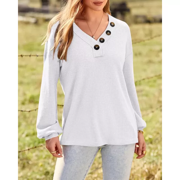 BTFBM Women Long Sleeve Shirts 2024 Fall Fashion V Neck Loose Casual Blouse Deco Button Lightweight Waffle Knit PulloverWhite