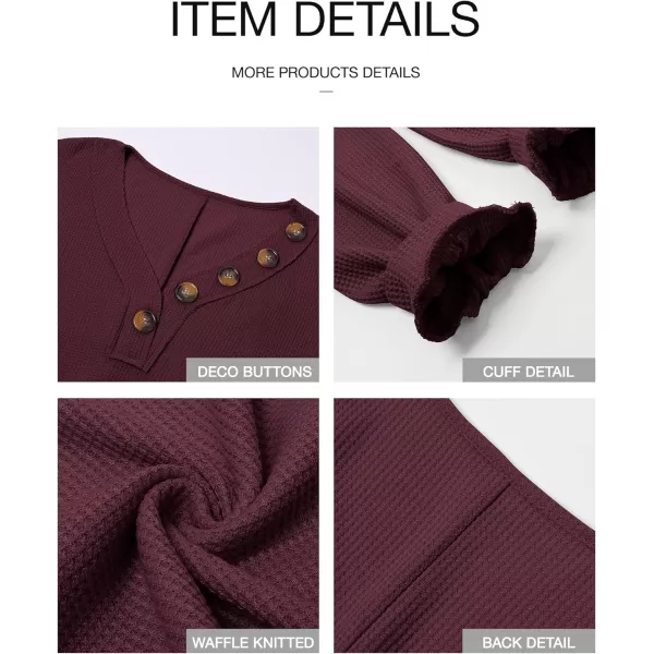 BTFBM Women Long Sleeve Shirts 2024 Fall Fashion V Neck Loose Casual Blouse Deco Button Lightweight Waffle Knit PulloverWine Red