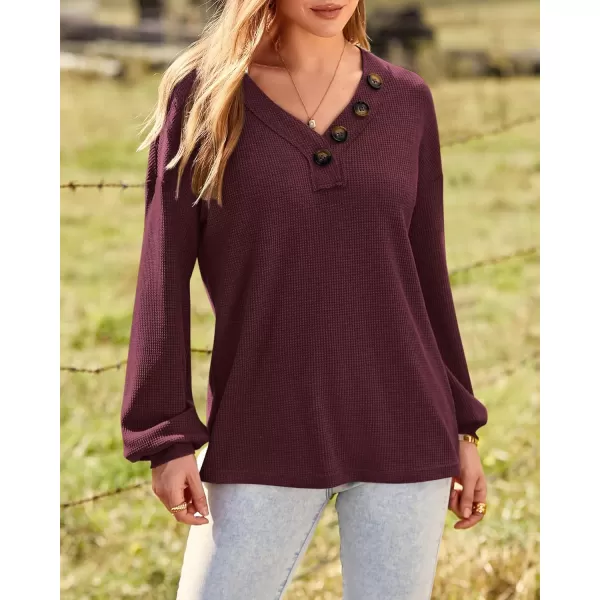 BTFBM Women Long Sleeve Shirts 2024 Fall Fashion V Neck Loose Casual Blouse Deco Button Lightweight Waffle Knit PulloverWine Red