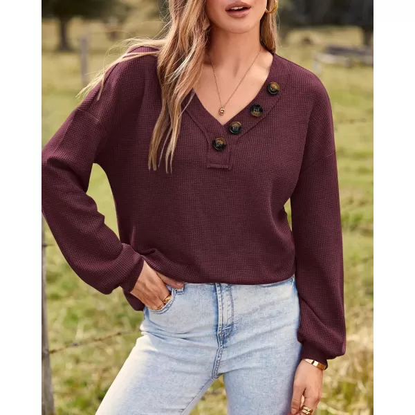 BTFBM Women Long Sleeve Shirts 2024 Fall Fashion V Neck Loose Casual Blouse Deco Button Lightweight Waffle Knit PulloverWine Red