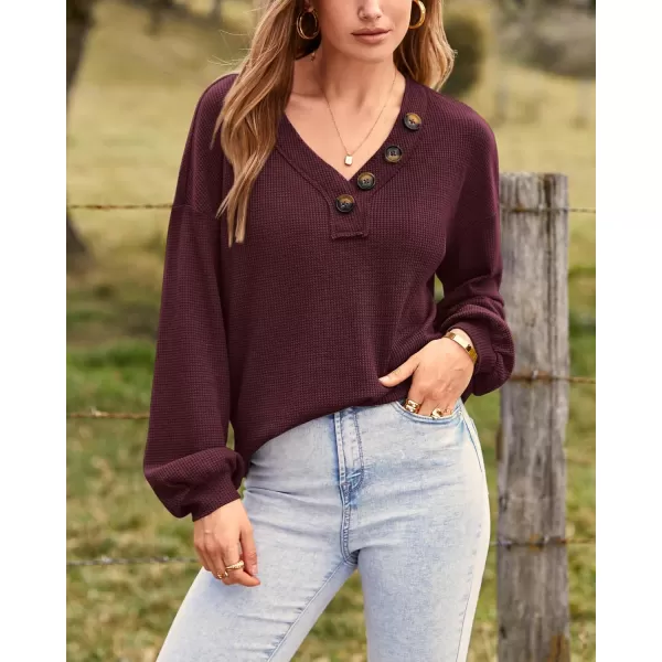 BTFBM Women Long Sleeve Shirts 2024 Fall Fashion V Neck Loose Casual Blouse Deco Button Lightweight Waffle Knit PulloverWine Red
