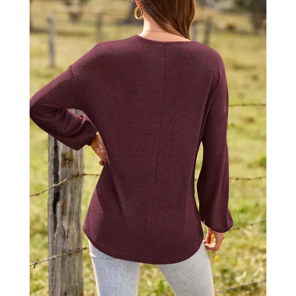 BTFBM Women Long Sleeve Shirts 2024 Fall Fashion V Neck Loose Casual Blouse Deco Button Lightweight Waffle Knit PulloverWine Red