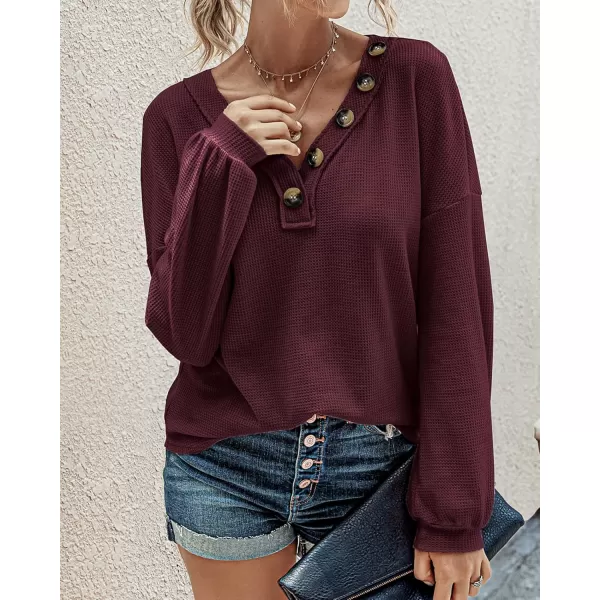 BTFBM Women Long Sleeve Shirts 2024 Fall Fashion V Neck Loose Casual Blouse Deco Button Lightweight Waffle Knit PulloverWine Red