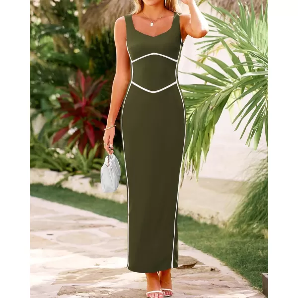 BTFBM Women Maxi Bodycon Dresses Square Neck Sleeveless Contrast Binding Split Cocktail Party Club Tank Long Dress 2024Solid Army Green