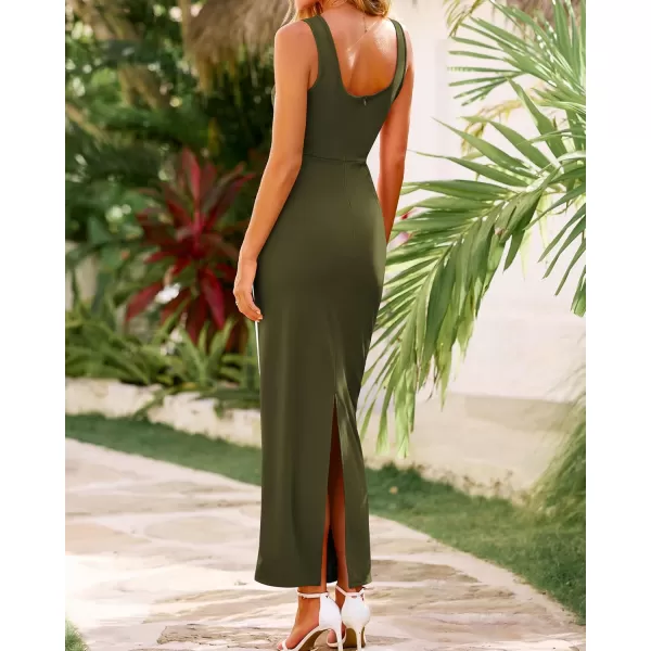 BTFBM Women Maxi Bodycon Dresses Square Neck Sleeveless Contrast Binding Split Cocktail Party Club Tank Long Dress 2024Solid Army Green