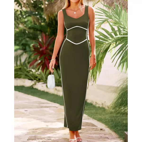 BTFBM Women Maxi Bodycon Dresses Square Neck Sleeveless Contrast Binding Split Cocktail Party Club Tank Long Dress 2024Solid Army Green